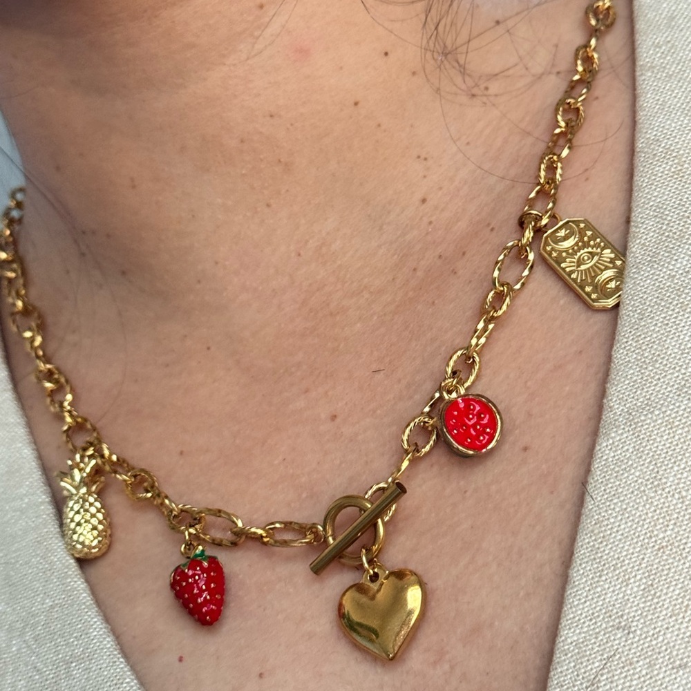 Gold Charm Necklace with Red Accents - Picture 2 of 4